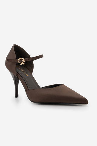 Kadın Stiletto Sivri Burun Topuklu Ayakkabı Peltun - Kahve Saten