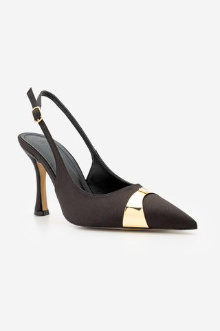 Kadın Stiletto Taşlı İnce Topuklu Ayakkabı Belove - Siyah Saten