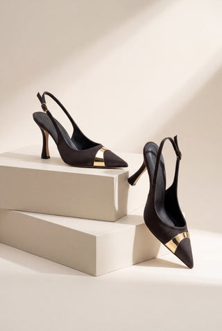 Kadın Stiletto Taşlı İnce Klasik Topuklu Ayakkabı Belove - Siyah Saten