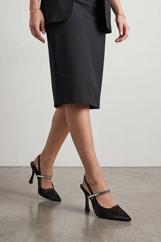 Kadın Stiletto Taşlı Topuklu Ayakkabı Lovan - Siyah Saten