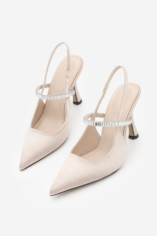 Kadın Stiletto Taşlı Topuklu Ayakkabı Lovan - Bej Saten