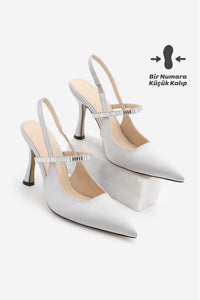 Kadın Stiletto Taşlı Topuklu Ayakkabı Lovan - Gümüş  Saten