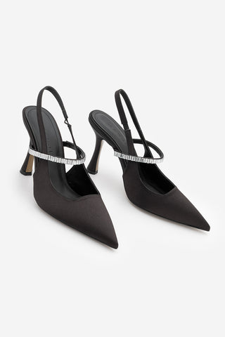 Kadın Stiletto Taşlı Topuklu Ayakkabı Lovan - Siyah Saten