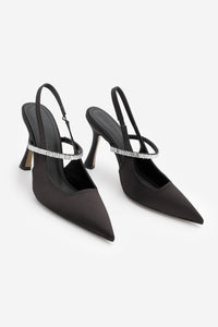 Kadın Stiletto Taşlı Topuklu Ayakkabı Lovan - Siyah Saten