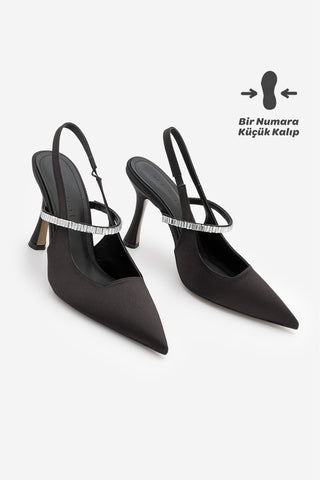 Kadın Stiletto Taşlı Topuklu Ayakkabı Lovan - Siyah Saten