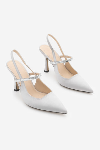 Kadın Stiletto Taşlı Topuklu Ayakkabı Lovan - Gümüş  Saten