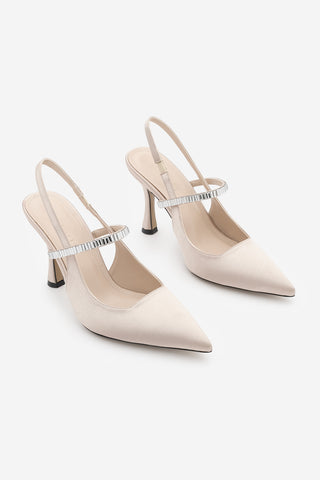 Kadın Stiletto Taşlı Topuklu Ayakkabı Lovan - Bej Saten