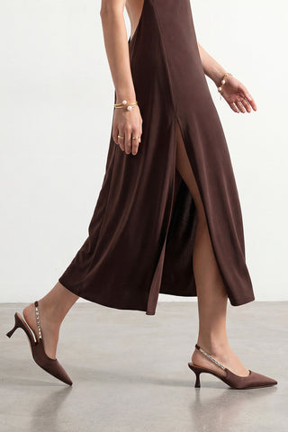 Kadın Stiletto Taşlı Topuklu Ayakkabı Zemora - Kahve Saten