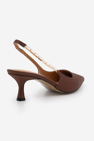 Kadın Stiletto Taşlı Topuklu Ayakkabı Zemora - Kahve Saten