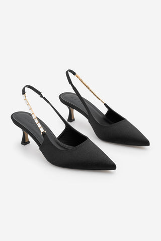 Kadın Stiletto Taşlı Topuklu Ayakkabı Zemora - Siyah Saten