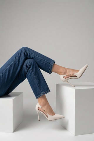 Kadın Stiletto Tokalı İnce Klasik Topuklu Ayakkabı Likose - Ekru
