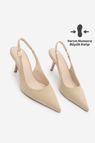 Kadın Stiletto Tokalı Topuklu Ayakkabı Henka - Bej Süet