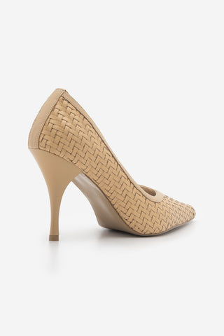 Kadın Stiletto Sivri Burun Örgü Desen Topuklu Ayakkabı Elnos - Camel