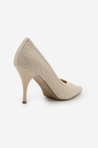 Kadın Stiletto Sivri Burun Örgü Desen Topuklu Ayakkabı Elnos - Ekru