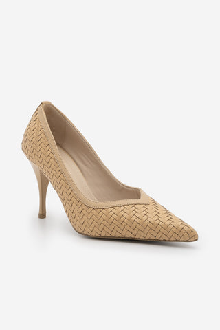 Kadın Stiletto Sivri Burun Örgü Desen Topuklu Ayakkabı Elnos - Camel