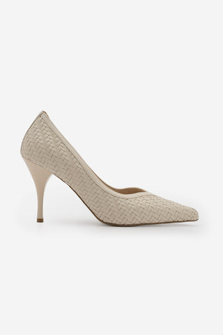Kadın Stiletto Sivri Burun Örgü Desen Topuklu Ayakkabı Elnos - Ekru