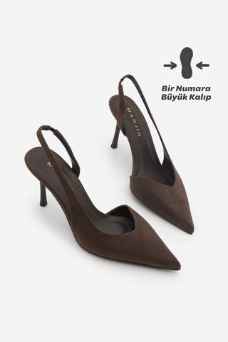 Kadın Stiletto Sivri Burun Topuklu Ayakkabı Esvin - Kahve Süet