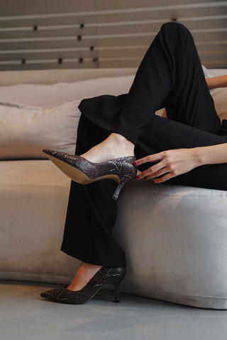 Kadın Stiletto Topuklu Ayakkabı Tosey - Kahve Yılan