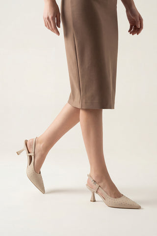 Kadın Stiletto Zımbalı Topuklu Ayakkabı Timon - Ekru