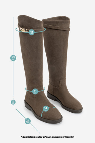Kadın Tokalı Günlük Çizme Velote - Kahve Süet