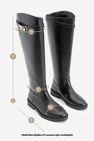 Kadın Tokalı Fermuarsız Günlük Çizme Velote - Siyah