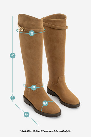 Kadın Tokalı Fermuarsız Günlük Çizme Velote - Taba Süet