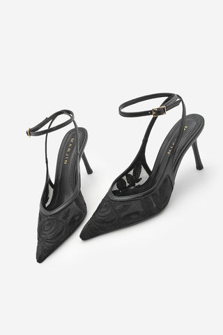 Kadın Stiletto Nakışlı Fileli Klasik Topuklu Ayakkabı Limez - Siyah