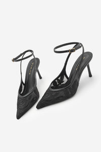 Kadın Stiletto Nakışlı Fileli Klasik Topuklu Ayakkabı Limez - Siyah