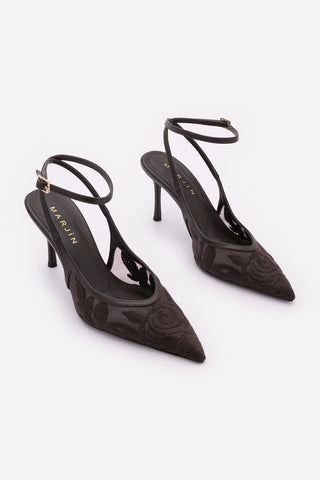 Kadın Stiletto Nakışlı Fileli Klasik Topuklu Ayakkabı Limez - Kahve