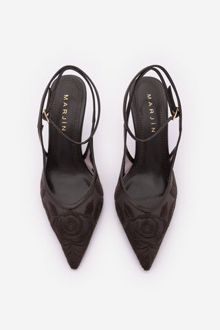Kadın Stiletto Nakışlı Fileli Klasik Topuklu Ayakkabı Limez - Kahve