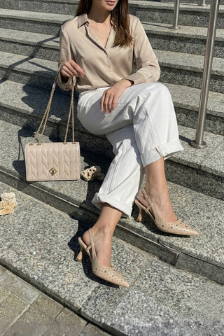 Kadın Stiletto Zımbalı Troklu Topuklu Ayakkabı Rofen - Bej