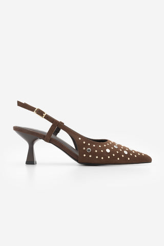 Kadın Stiletto Zımbalı Troklu Topuklu Ayakkabı Rofen - Kahve Süet