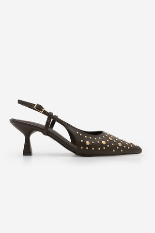 Kadın Stiletto Zımbalı Troklu Topuklu Ayakkabı Rofen - Kahve