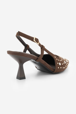 Kadın Stiletto Zımbalı Troklu Topuklu Ayakkabı Rofen - Kahve Süet