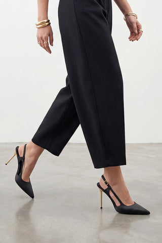 Kadın Stiletto Altın Metal İnce Ökçe Topuklu Ayakkabı Rigen - Siyah Saten