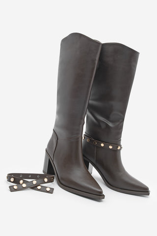 Kadın Fermuarsız Topuklu Çizme Fuslep - Kahve