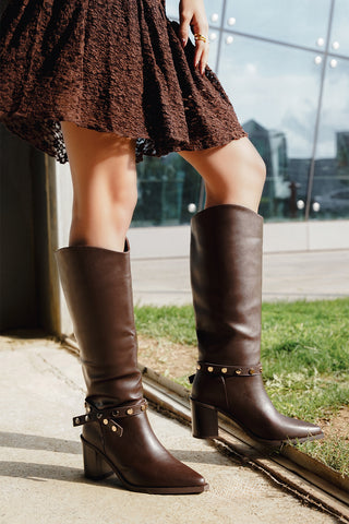 Kadın Fermuarsız Topuklu Çizme Fuslep - Kahve