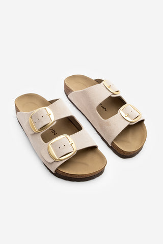 Kadın Hakiki Deri Eva Taban Günlük Terlik Poli - Bej