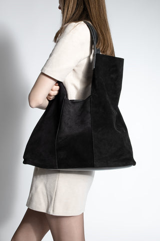 Kadın Hakiki Deri Omuz Çantası Filun - Siyah Süet