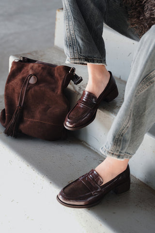 Kadın Hakiki Deri Omuz Çantası Olven - Kahve Süet