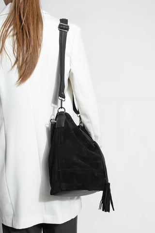 Kadın Hakiki Deri Omuz Çantası Olven - Siyah Süet