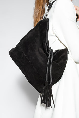 Kadın Hakiki Deri Omuz Çantası Olven - Siyah Süet