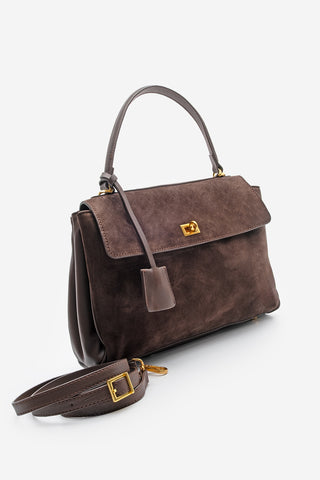 Kadın Hakiki Deri Omuz Çantası Rinyas - Kahve Süet