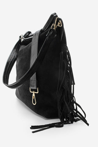 Kadın Hakiki Deri Püsküllü Omuz Çantası Soliga - Siyah Süet