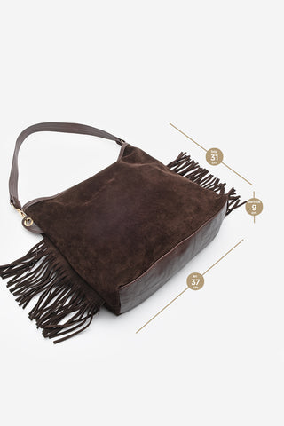 Kadın Hakiki Deri Püsküllü Omuz Çantası Soliga - Kahve Süet