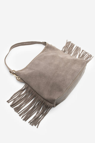Kadın Hakiki Deri Püsküllü Omuz Çantası Soliga - Vizon Süet