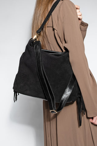 Kadın Hakiki Deri Püsküllü Omuz Çantası Soliga - Siyah Süet