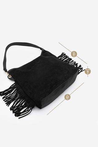 Kadın Hakiki Deri Püsküllü Omuz Çantası Soliga - Siyah Süet