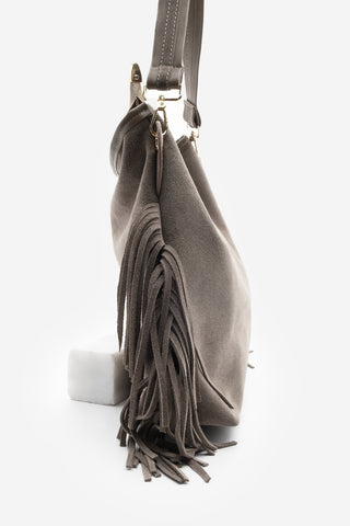 Kadın Hakiki Deri Püsküllü Omuz Çantası Soliga - Vizon Süet