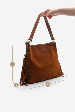 Kadın Hakiki Deri Püsküllü Omuz Çantası Soliga - Taba Süet